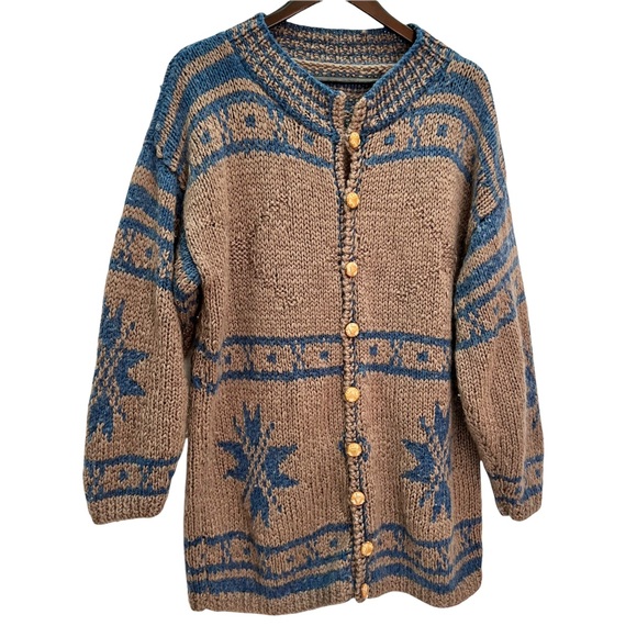 ♥️SOLD♥️RARE! Vintage Handmade Hand Knit Brown Wool Button Front Cardigan - Picture 3 of 7